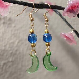 Pearlescent Green Glass Crescent Moon Earrings
